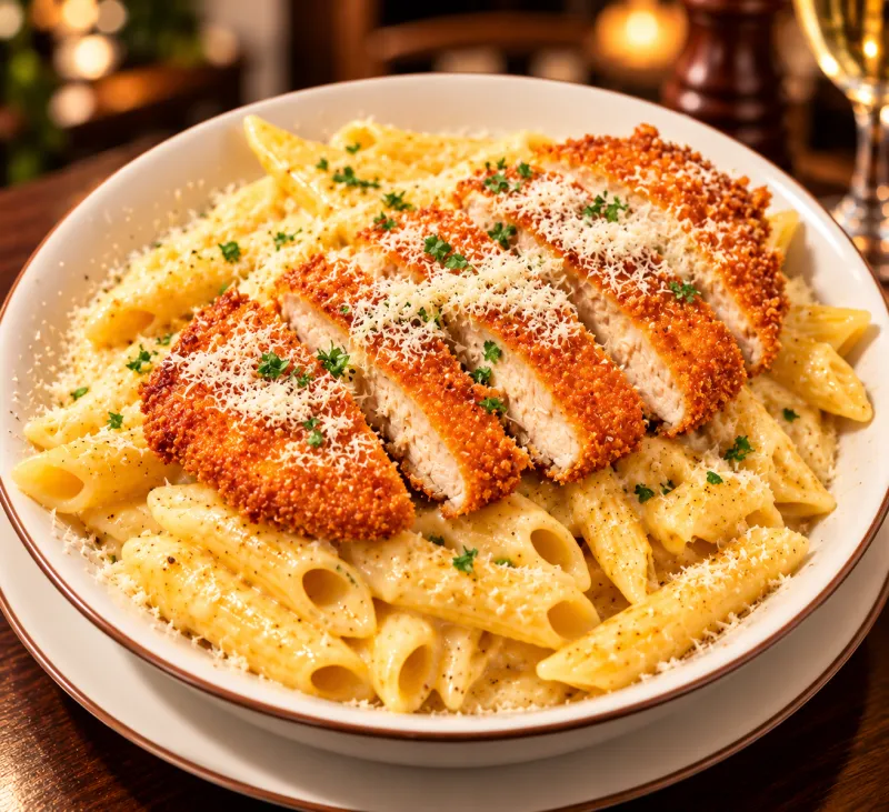 Penne au poulet croustillant